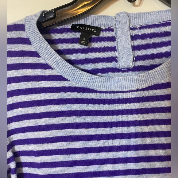 Talbots Striped Tulip Sleeve Lambswool Sweater Size Small Blue Purple EUC - Picture 2 of 6